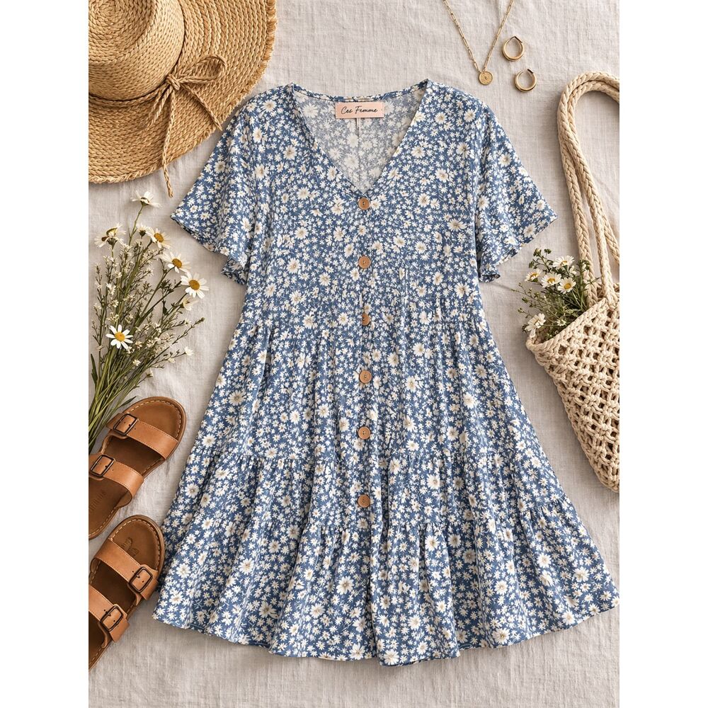 Ces Femme Medium Blue White Daisy Tiered Boho Cottagecore prairie milkmaid